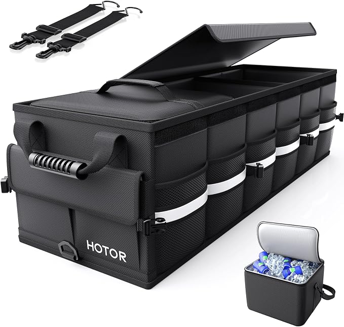 HOTOR Car Trunk Organizer - Trunk Organizer for SUV with Removable Cooler Bag, Foldable Cover, 3 Compartment Car Storage Essential Car Accessories for Truck, Van & Sedan, Black, 37.0" x 14.6" x 12.0"