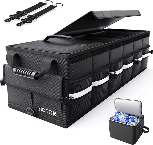HOTOR Car Trunk Organizer - Trunk Organizer for SUV with Removable Cooler Bag, Foldable Cover, 3 Compartment Car Storage Essential Car Accessories for Truck, Van & Sedan, Black, 37.0" x 14.6" x 12.0"
