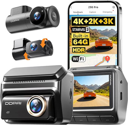 DDPAI 3 Channel 4K HDR Dash Cam, STARVIS 2 IMX678, Dashcam for Cars with 128G eMMC, Front Inside and Rear Triple Car Camera with GPS, 3" IPS,ADAS,24H Parking Mode,Support 512GB,Z90 Pro 3CH
