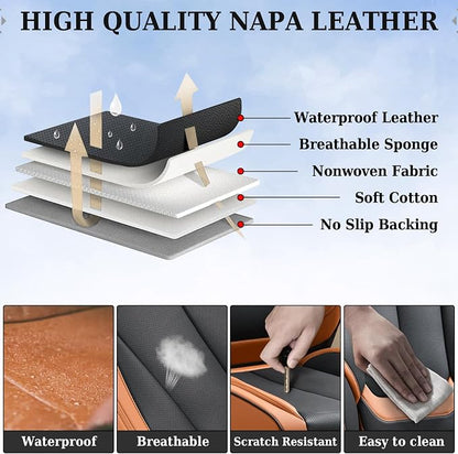 Coverado Universal Seat Covers Full Set, Universal Seat Covers for Cars, 5 Seats Waterproof Nappa Leather Car Seat Covers with Head Pillow, Auto Protectors Fit for Most SUV Pick-up Truck-Black&Brown