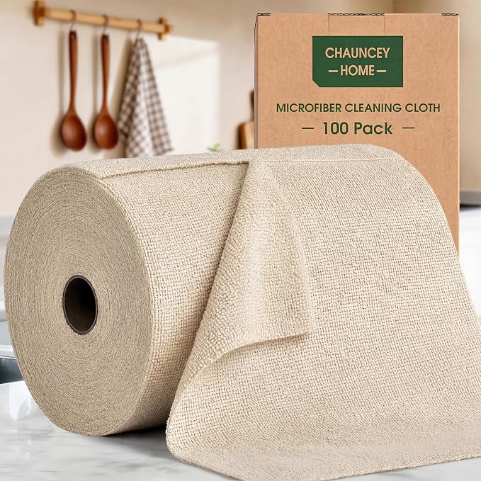 Microfiber Cleaning Cloth Roll - 100 Pack Tear Away Microfiber Paper Towels, Reusable, Washable, Scratch-Free, Kitchen Towels for Car, Home, Kitchen, Glass, Dishes(Desert Gold)