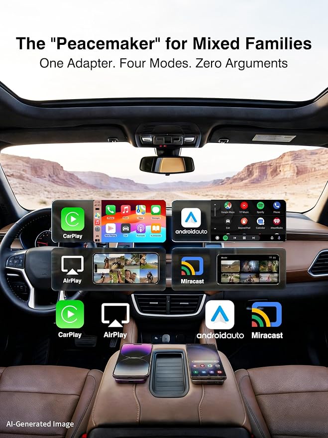 4-in-1 Wireless CarPlay & Android Auto Adapter – AirPlay & Miracast Media Hub – Seamless for Mixed Families – 5.8GHz Low-Latency & Auto-Connect – Factory Wired Cars Only (Silver)