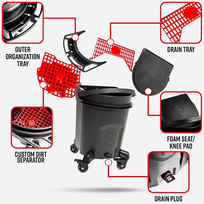 Adam's Complete Premium Detailing Bucket - Car Wash Bucket with Grit Guard, Seat Pad, Organization Rack, Drain Plug, 2 Locking Wheels | Innovative Detail 5 Gallon Bucket Kit System