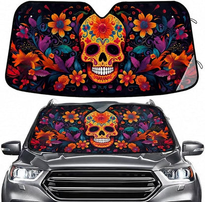 Windshield Sun Shade Abstract Sugar Skull Front Window Block UV Shades Visor Reflective Retractable for Car SUV Trucks