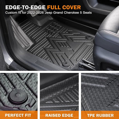 KUST Floor Mats for 2022-2026 Jeep Grand Cherokee Accessories 5 Seats (Include 4XE, Not for WK & L), All Weather Floor Liners & Cargo Trunk Mat & Rear Backrest Mats, TPE Rubber, Raised Edge