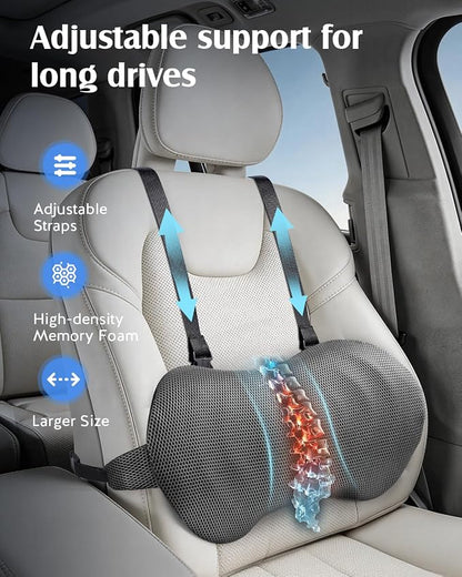 YFONG Lumbar Support Pillow for Car Seat, Back Support with Adjustable Straps Securely Fixed for Driving Seat Pain Relief, Office Chair Car Essentials Back Cushion, Grey