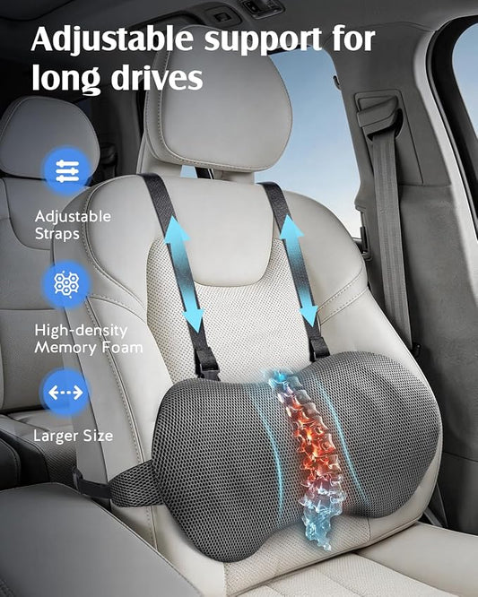 YFONG Lumbar Support Pillow for Car Seat, Back Support with Adjustable Straps Securely Fixed for Driving Seat Pain Relief, Office Chair Car Essentials Back Cushion, Grey