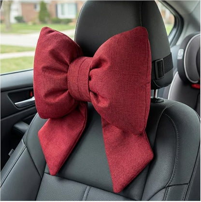 Cute Bow Car Headrest Pillow, Soft Comfortable Bow Auto Seat Pillow with Adjustable Strap, Breathable Ergonomic Neck Support Cushion Bowtie Decoration for Most Vehicles (Red)