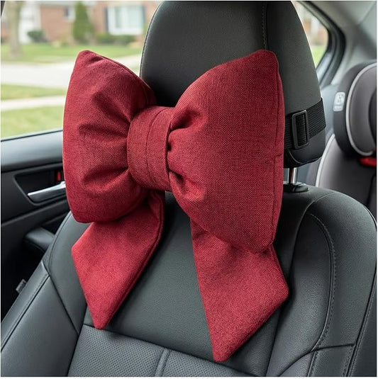 Cute Bow Car Headrest Pillow, Soft Comfortable Bow Auto Seat Pillow with Adjustable Strap, Breathable Ergonomic Neck Support Cushion Bowtie Decoration for Most Vehicles (Red)