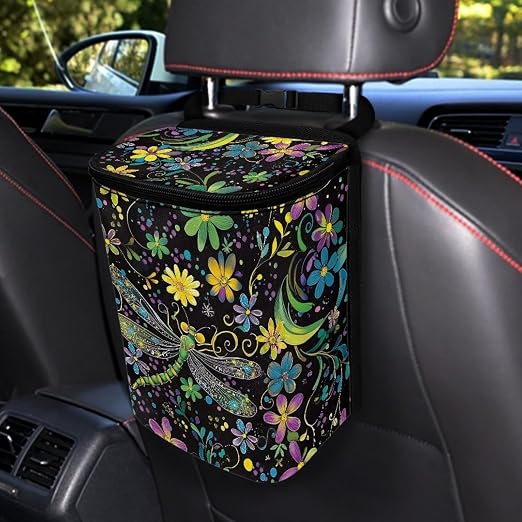 Dragonfly Boho Floral Print Car Trash Can with Lid and Zipper Portable Foldable Garbage Can Bag Hanging for Headrest Leakproof Organizer and Storage Bag Car Interior Accessories