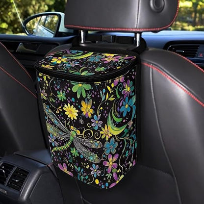 Dragonfly Boho Floral Print Car Trash Can with Lid and Zipper Portable Foldable Garbage Can Bag Hanging for Headrest Leakproof Organizer and Storage Bag Car Interior Accessories