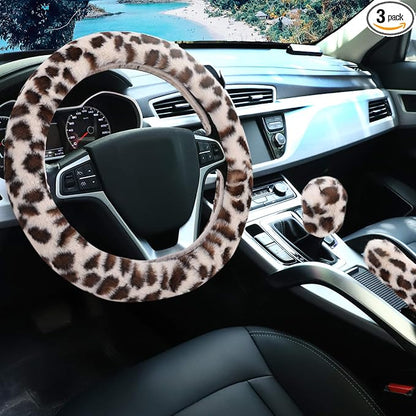 Fuzzy Steering Wheel Cover for Women Girls, Accmor Universal Fit 15 inch Fur Car Wheel Cover & Handbrake Cover & Gear Shift Cover Set, Fashion Leopard Winter Warm Fluffy Vehicle Wheel Protector