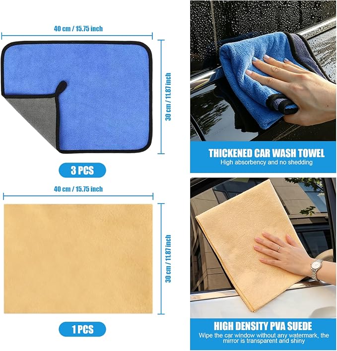 Car Cleaning Kit – Microfiber Towels for Cars, Chamois Cloth Drying Towels Car Detailing for Wash Interior and Glass, Complete Car Wash Set for a Spotless Finish