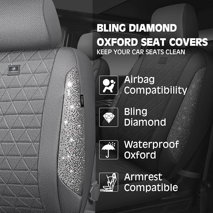 CAR PASS Gray Oxford Bling Diamond Car Seat Covers Full Set Interior Sets, Waterproof Shining Glitter Sparkly Crystal Universal Armrest Fit 95% Automotive Truck SUV Cute Women Girl, Gray Rhinestone