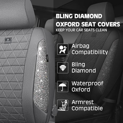 CAR PASS Gray Oxford Bling Diamond Car Seat Covers Full Set Interior Sets, Waterproof Shining Glitter Sparkly Crystal Universal Armrest Fit 95% Automotive Truck SUV Cute Women Girl, Gray Rhinestone