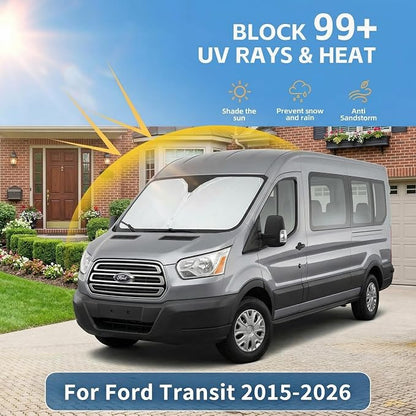 for Ford Transit 2015-2024 2025 2026 Windshield Sun Shade - Custom Fit Front Window Shade Transit Accessories Wagon XL,Wagon XLT Cargo Vehicle,Connect Van XL Foldable Sunshade Blocks UV Rays