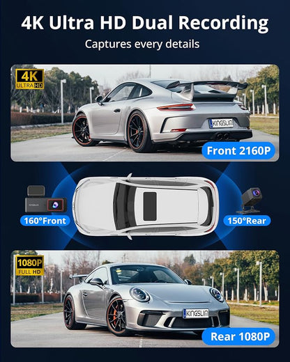 Kingslim 4K Dash Cam Front and Rear, Front 4K Rear 1080P Dual Dash Camera for Cars, Mini Dashcam with 64GB Card, APP Control, Night Vision, G-Sensor, Loop Recording, Parking Mode