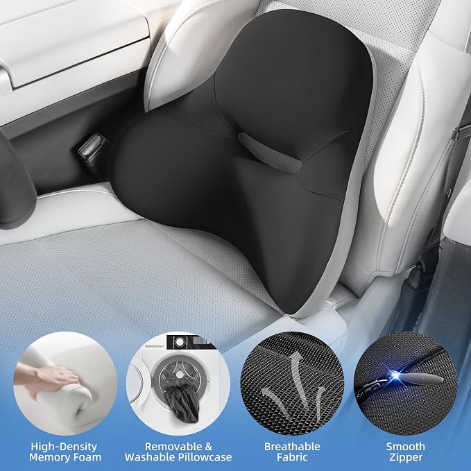 BEBAS Ergonomic Lumbar Support Pillow for Car, Memory Foam Back Support for Driving, Lower Back Pillow for Pain Relief, Comfort Lumbar Cushion for Office Chairs, Car Seat, Wheelchair -Black