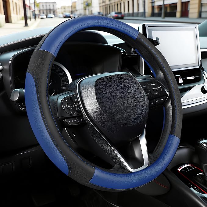 SEG Direct Car Steering Wheel Cover Universal Standard Size 14.5-15 inch, Black and Blue Microfiber Leather