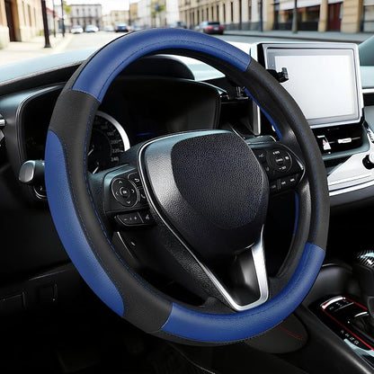 SEG Direct Car Steering Wheel Cover Universal Standard Size 14.5-15 inch, Black and Blue Microfiber Leather