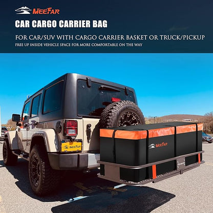 MeeFar Hitch Mount Cargo Carrier Bag Soft Shell 100% Waterproof 19.7 Cubic Feet (59" 24" 24") Include 8 Reinforced Straps for Truck Pickup All Vehicle with Steel Cargo Basket