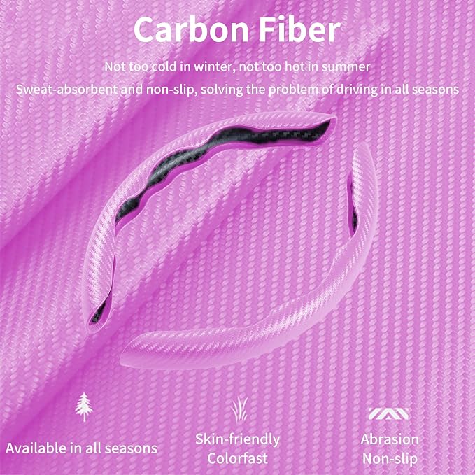 Carbon Fiber Steering Wheel Cover, 2-Piece Set Anti-Skid Comfortable Grip Segmented Butterfly Design, Easy Snap-On Installation Universal Fit 99% Cars, Pink