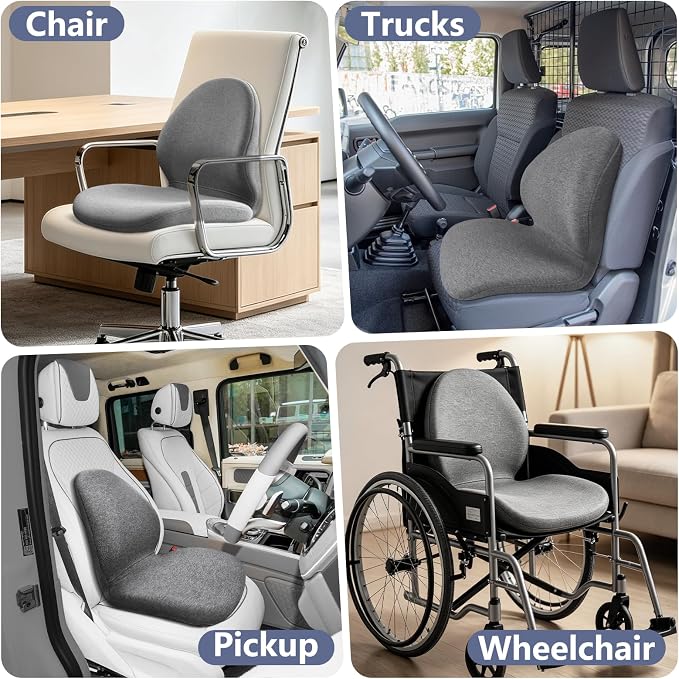 Car Seat Cushion with Lumbar Support Pillow - Memory Foam Driver Seat Cushion for Back & Sciatica Pain Relief, Washable Cover, Non-Slip Bottom for Long Driving, Office Chair & Truck (Grey)