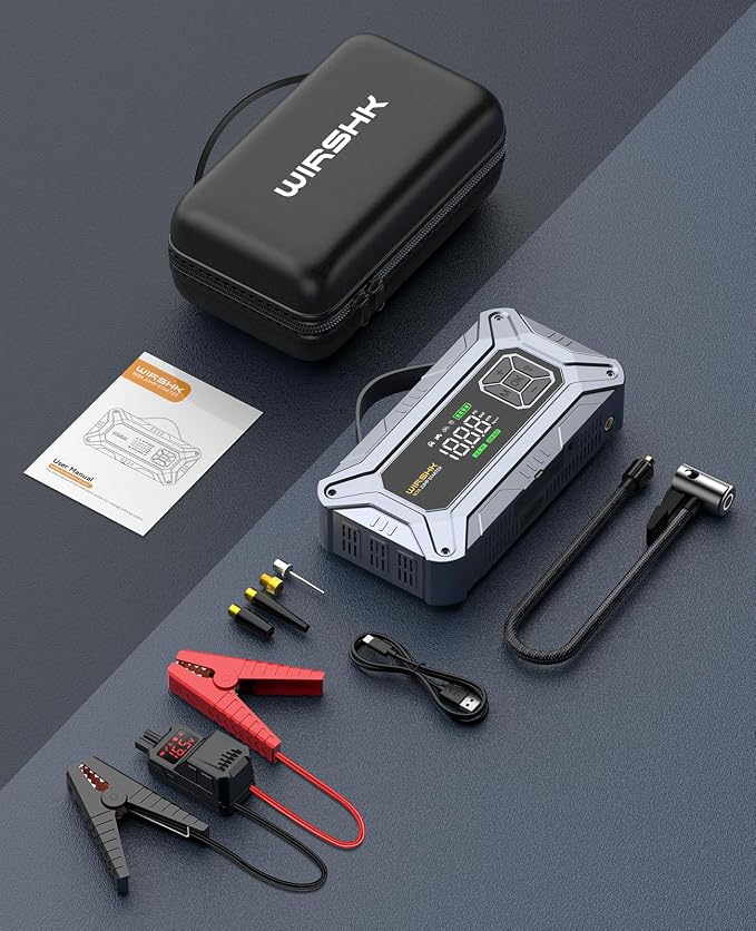 8000A Jump Starter with Air Compressor, 160PSI, 12V | 8000A battery booster and 160PSI tire inflator for roadside emergencies, road trips and camping