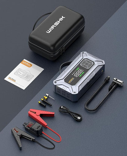 8000A Jump Starter with Air Compressor, 160PSI, 12V | 8000A battery booster and 160PSI tire inflator for roadside emergencies, road trips and camping