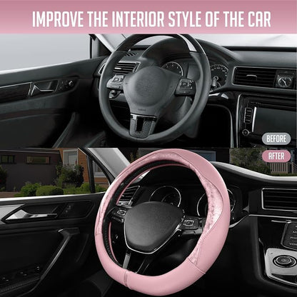 PIC AUTO Steering Wheel Cover, Pink Patterned Leather Patchwork Design, Universal Fit 14.5"–15.5" D-Shape Steering Cover, Soft PU Grain Leather, Durable Grip Car Accessory for Girls & Women