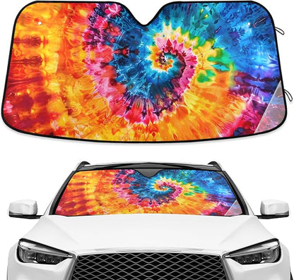 Rainbow Tie Dye Swirl Windshield Sunshade Car Sun Shade Blocks UV Rays Visor Protector Accordion Folding Sun Reflector Auto Sunshade for Truck SUV