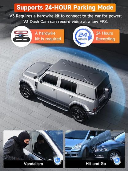 3 Channel 2.5K Dash Cam with 5GHz WiFi & APP Control, 2.5K+1080P+1080P Front Inside and Rear, Triple Dash Camera with SD Card, 24 Hours Parking Mode, Loop Recording, Night Vision