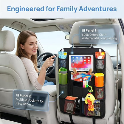 Backseat Car Organizer, 2 Pack Kick Mats Back Seat Protector with Touch Screen Tablet Holder, 9 Storage Pockets for Travel Accessories & Toys, Waterproof & Easy-Clean Black Protector