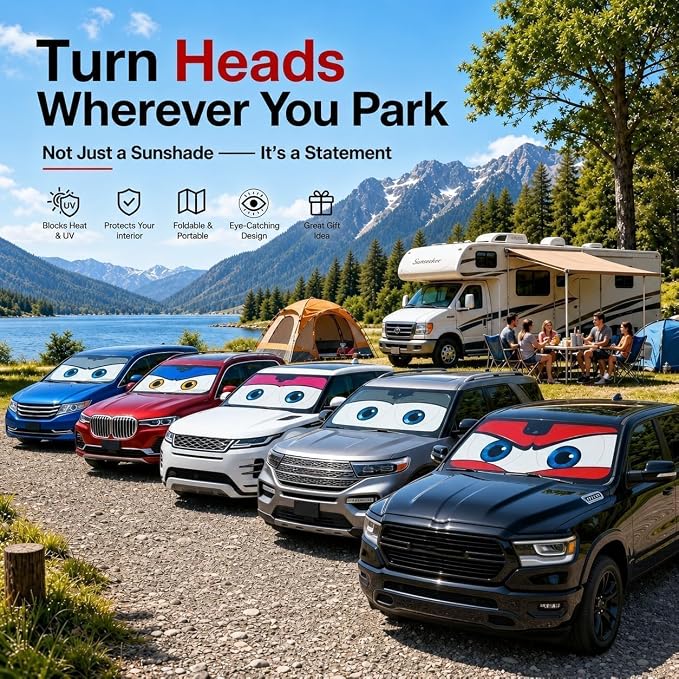 Car Windshield Sun Shade, Funny Cartoon Eyes Large Foldable Front Window Sunshade, UV Heat Protection Windshield Cover Universal Fits Full-Size Pickup Truck SUV - 63 x 33.86