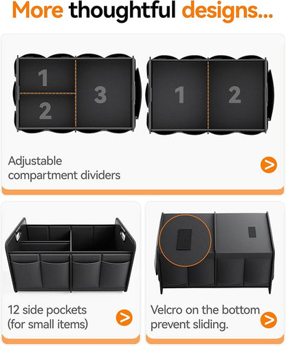 Homeve Car Trunk Organizer for SUV, 15.5Gal Large Capacity No-Sag Heavy Duty, Foldable Waterproof Anti-Slip Storage with 12 Pockets, Fit Sedan,Truck, Universal Car Accessories, Black, 2 Compart,Medium