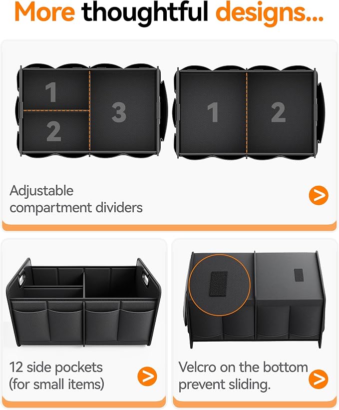 Homeve Car Trunk Organizer for SUV, Small Compact Size No-Sag Heavy Duty, 7 Pockets Foldable Waterproof Anti-Slip Storage, Fit Sedan, Truck, Front Seat, Universal Car Accessories, Black, 2 Compart