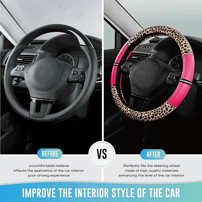 Road Comforts Leopard Steering Wheel Cover for Women, Cute Anti-Slip Microfiber Leather, Universal Fit 14.5-15 Inch Round Steering Wheel - HotPink