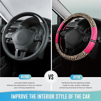 Road Comforts Leopard Steering Wheel Cover for Women, Cute Anti-Slip Microfiber Leather, Universal Fit 14.5-15 Inch Round Steering Wheel - HotPink
