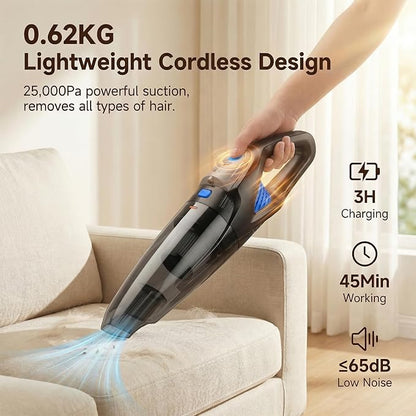 Handheld Vacuum Cordless, 25000Pa Powerful Suction Car Vacuum Portable Cordless with 8000mAh Battery & LED Light, Hand Held Vacuum Rechargeable with HEPA Filters, Home, Car Seats, Pet Hair Blue