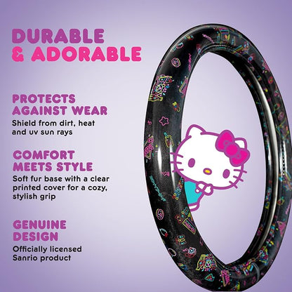 Hello Kitty Steering Wheel Cover, Official Sanrio Car Steering Wheel Cover with Universal Size 14.5-15, Cute Black Hello Kitty Car Accessories for Women (Hello Kitty Kawaii Arcade)