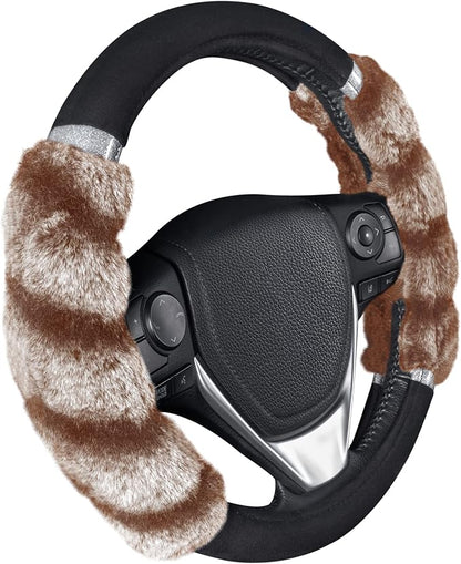 BDK Bear Fur Steering Wheel Cover, Plush Faux Fur Fuzzy Steering Cover for Car Truck Van SUV, Standard Size Fits Wheels 14.5-15 in Diameter, Two Tone Black/Brown with Glitter