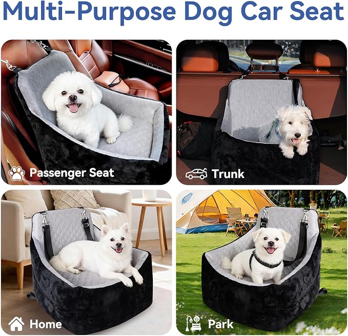 Dog Car Seat for Small/Medium Dogs Under 30lbs, Double-Sided Cooling & Warm Booster Seat, Detachable & Washable Elevated Pet Bed with Pockets, Anti-Slip Base for Front & Back Seats with Safety Leash