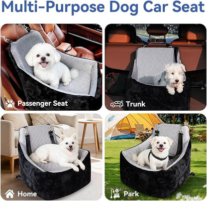 Dog Car Seat for Small/Medium Dogs Under 30lbs, Double-Sided Cooling & Warm Booster Seat, Detachable & Washable Elevated Pet Bed with Pockets, Anti-Slip Base for Front & Back Seats with Safety Leash