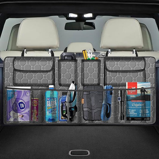 esouler Car Trunk Organizer, Super Capacity Backseat Car Organizer for SUV/Truck/MPV(42"*18"), Hanging Car Storage Organizer with 8 Pocekts, Car Accessories for Women and Men- Grey