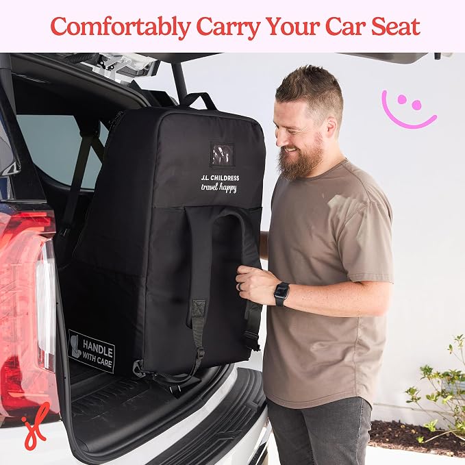 J.L. Childress Padded Backpack Car Seat Bag - Car Seat Travel Bag for Airplane, Fits Most Baby & Infant Carriers & Bootsters, Accessories for Gate or Baggage Check, AirTag Compatible - Deluxe, Black