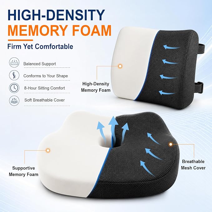 Allaboutsla Seat Cushion & Lumbar Support Pillow Set: Ergonomic Memory Foam Seat Cushion and Back Support for Pain Relief, Butt Cushions and Lumbar Pillow for Car, Office Chair, Gaming - Black