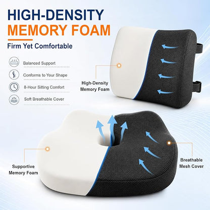 Allaboutsla Seat Cushion & Lumbar Support Pillow Set: Ergonomic Memory Foam Seat Cushion and Back Support for Pain Relief, Butt Cushions and Lumbar Pillow for Car, Office Chair, Gaming - Black