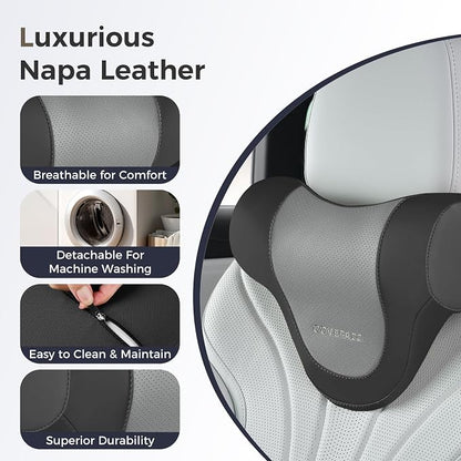 Coverado Car Headrest Pillow, Ergonomic Memory Foam Car Neck Pillow for Driving Seat with Adjustable Strap, Soft PU Leather Breathable Removable Cover Neck Support for Neck Pain Relief