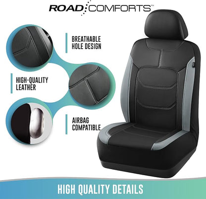 Road Comforts Seat Covers, Premium Leather Car Seat Covers Full Set,Airbag Compatible, Automotive Seat Covers Universal Fit Most Cars,Vans,Truck,SUV, Grey