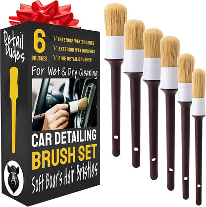 Car Detailing Brush Set 6-Pack - Soft Boar Hair Interior & Exterior Detailing Kit - Car Interior Cleaning Brushes for Leather, Piano Black Trim, Dashboards, Wheels and Engine Bay - Detail Dudes
